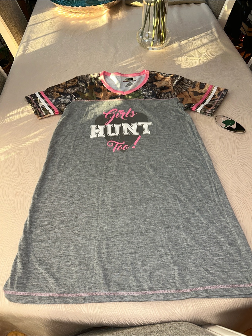 Mossy Oak Girls Hunt Too! Gray Nightshirt with Pink Accents and Camo Sleeves
